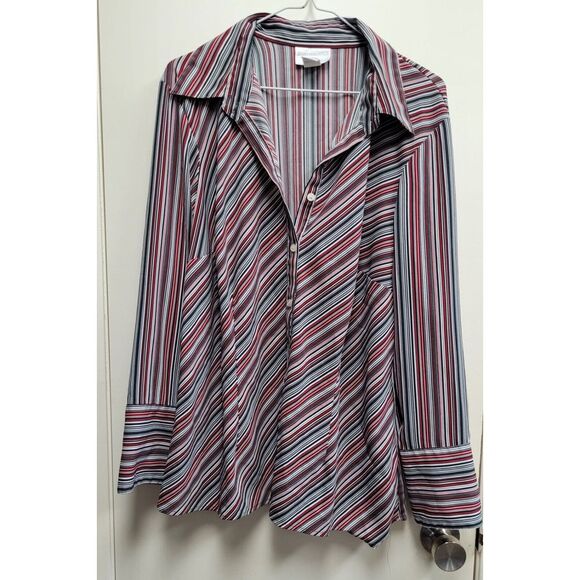 Tops - Worthington Stretch Shirt Womens XL Red Gray Striped Button Front Long Sleeve